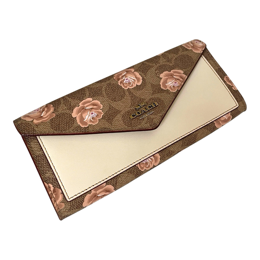 COACH Slim Envelope Soft Wallet Rose Print Coated Canvas Chalk White Leather